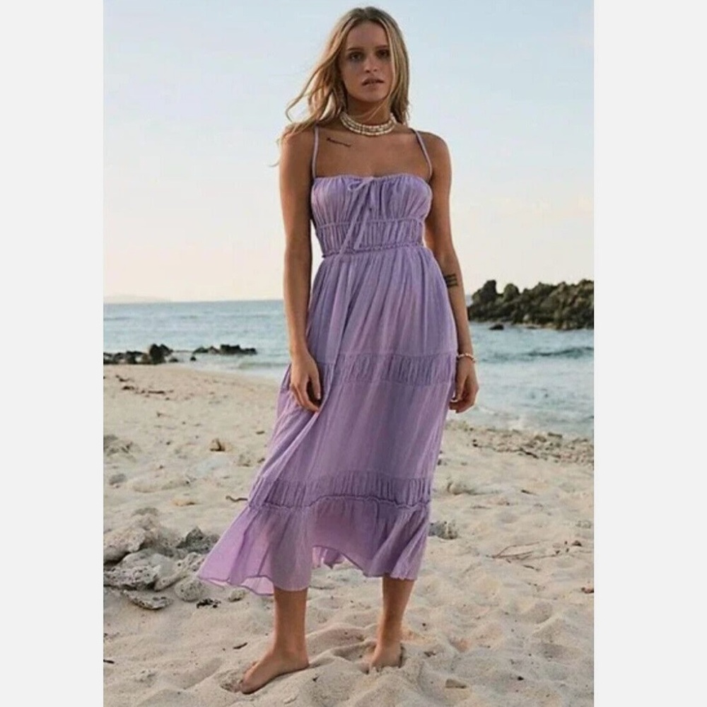 Free People Purple Smocked Tiered Midi Sundress
